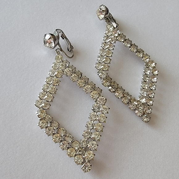 Vintage Clip-on Rhinestone Diamond Drop Earrings - Picture 6 of 7